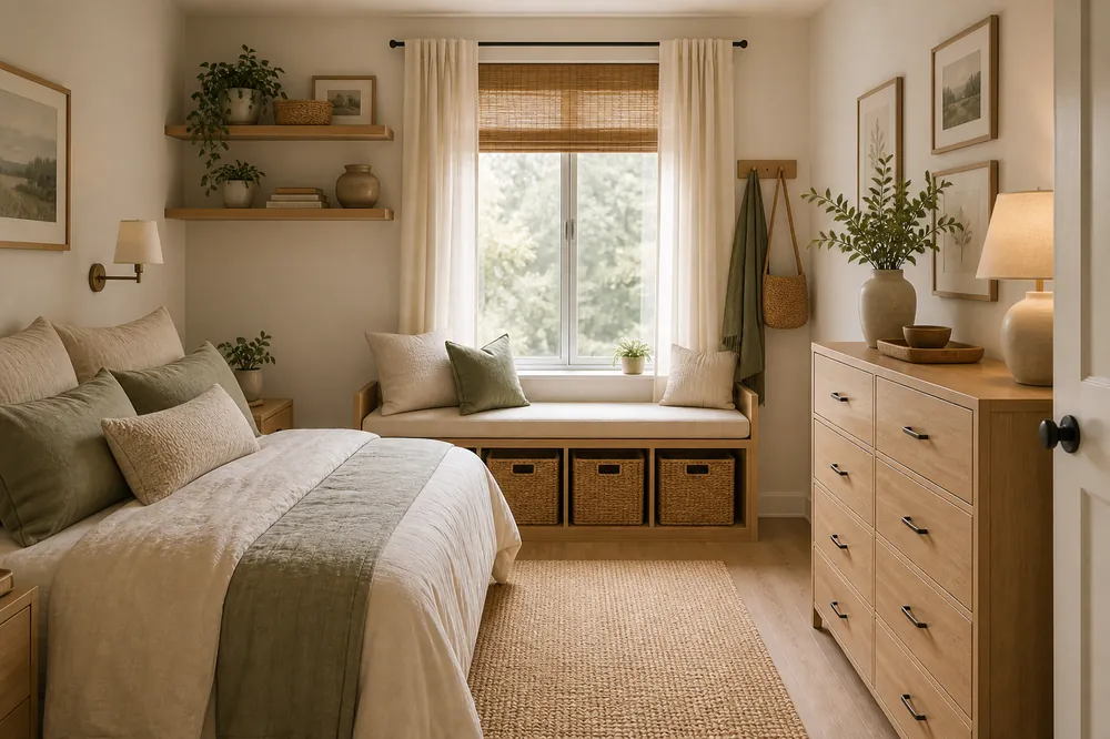 10x10 bedroom storage ideas window bench floating shelves