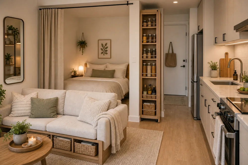 bedroom and kitchen in one small room studio rug boundary storage