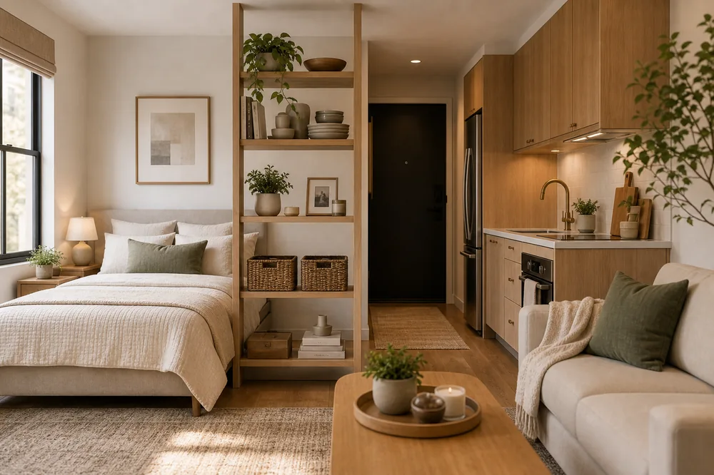 bedroom and kitchen in one small room studio shelf divider