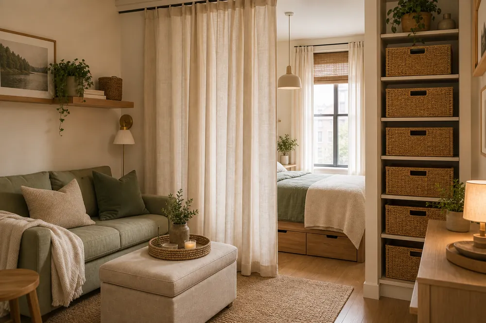 bedroom and living room in one small space curtain divider storage ottoman