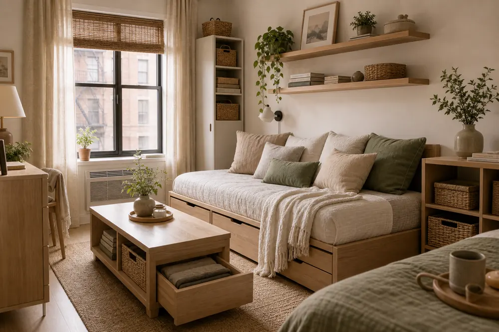 bedroom and living room in one small space daybed storage living zone