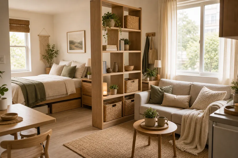 bedroom and living room in one small space shelf divider studio zones