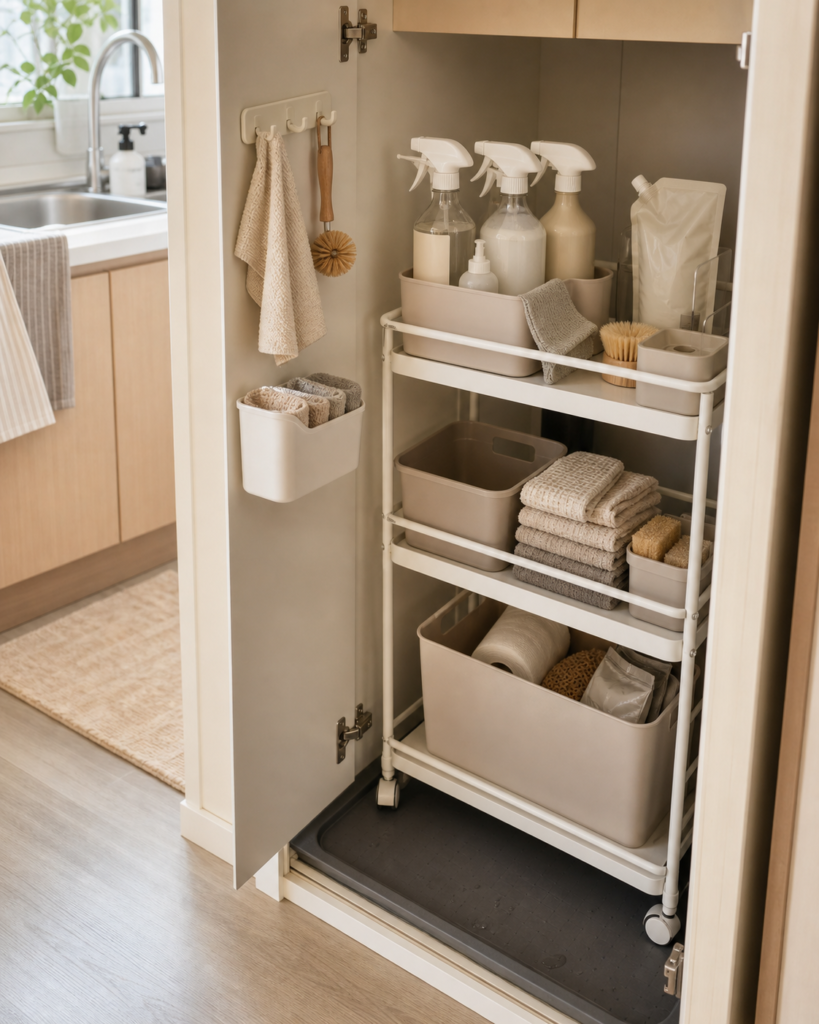 Cleaning supplies storage for small apartments with a slim rolling cart and neutral cleaning caddy