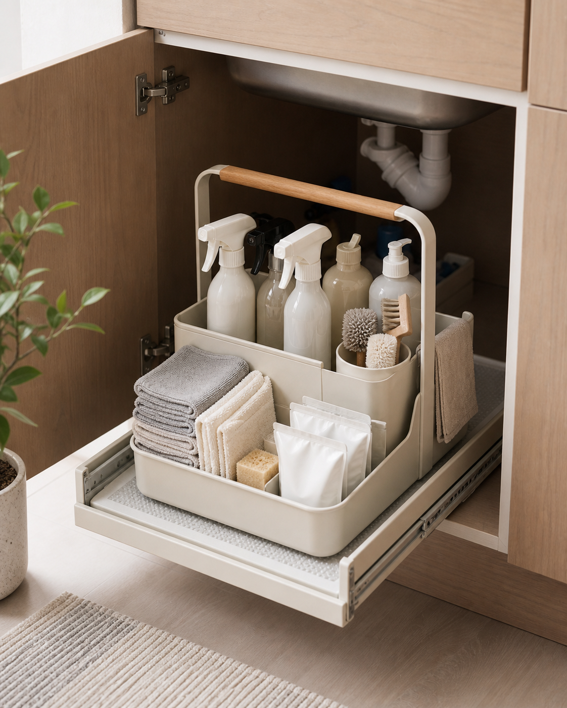 Cleaning supplies storage for small apartments inside an under sink cabinet with a pull out caddy