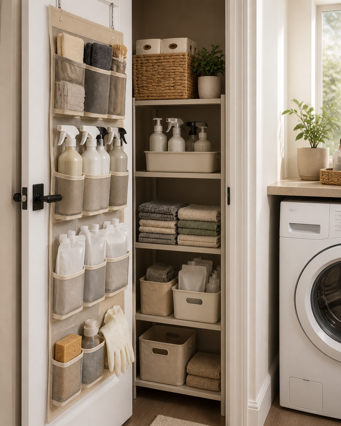 Cleaning supplies storage for small apartments using vertical laundry nook backstock organization