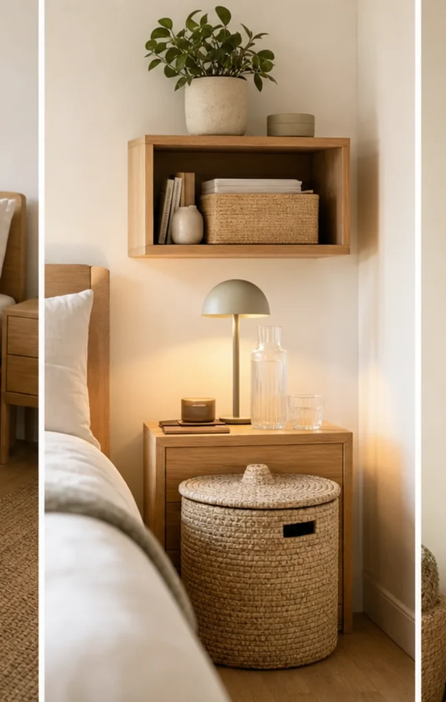 compact bedroom storage ideas narrow bedside shelf