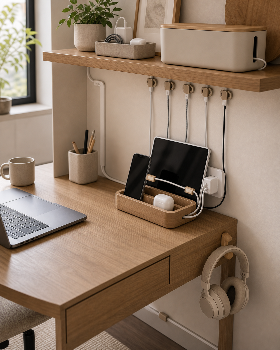 Cord organization ideas for small apartments with a tidy charging shelf and cable management box