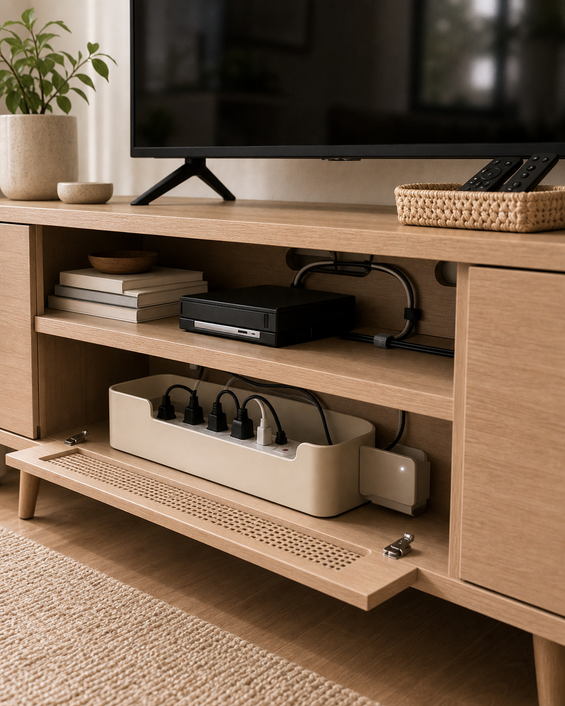 Cord organization ideas for small apartments behind a TV console with a hidden power strip box