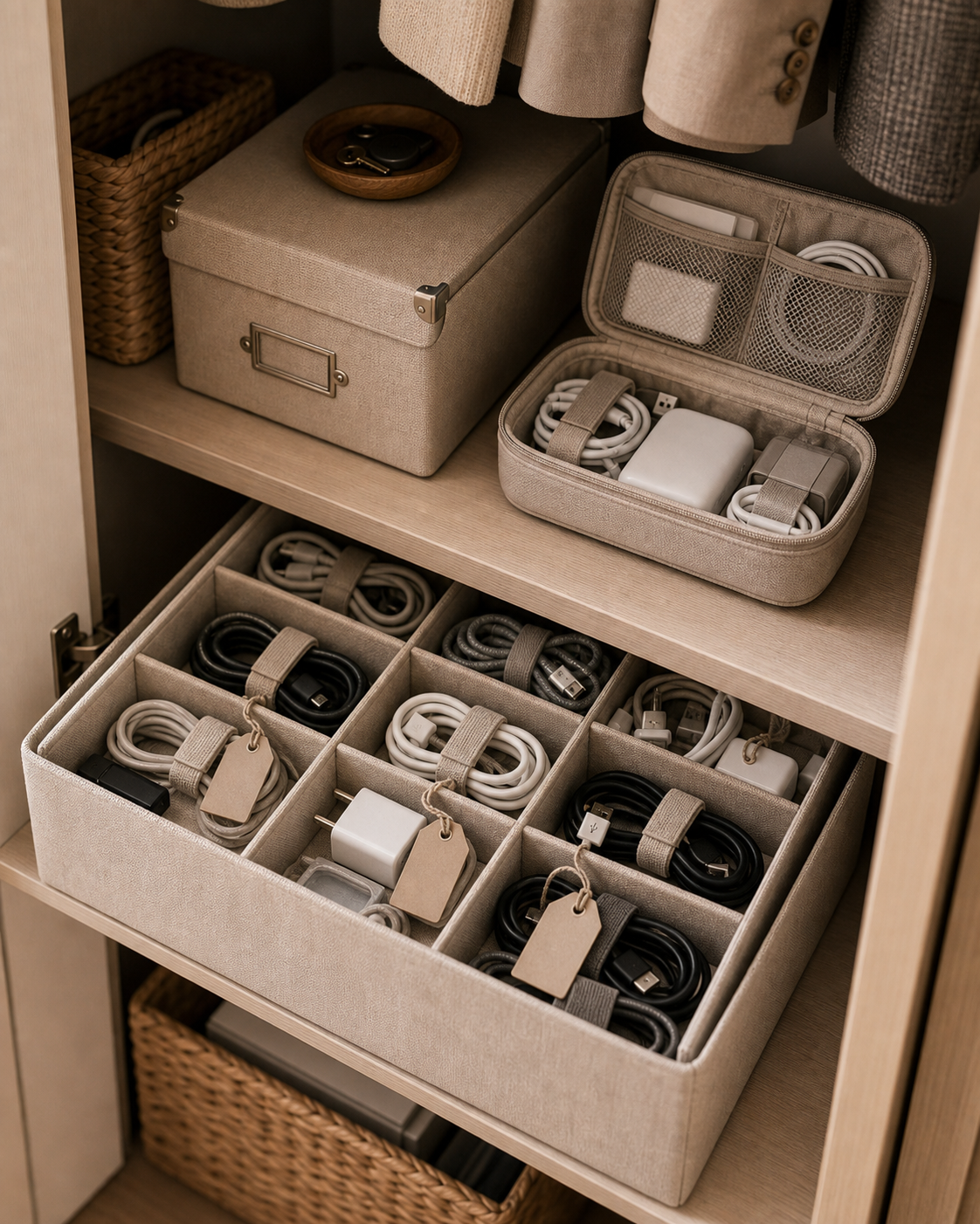 Cord organization ideas for small apartments using a divided cord archive box on a closet shelf
