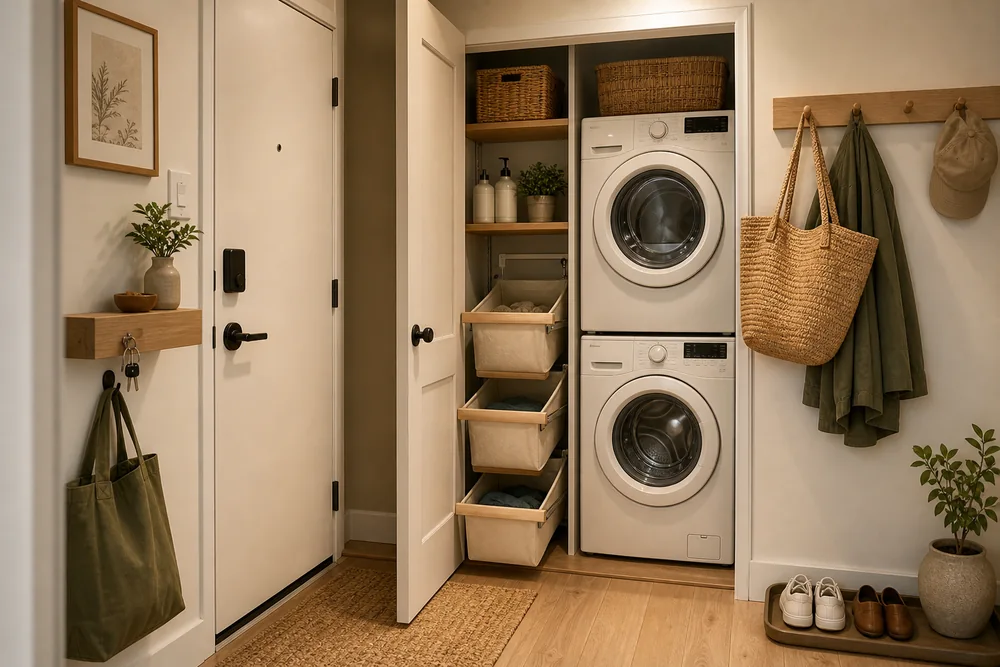 entryway laundry room organization ideas stacked laundry entry closet
