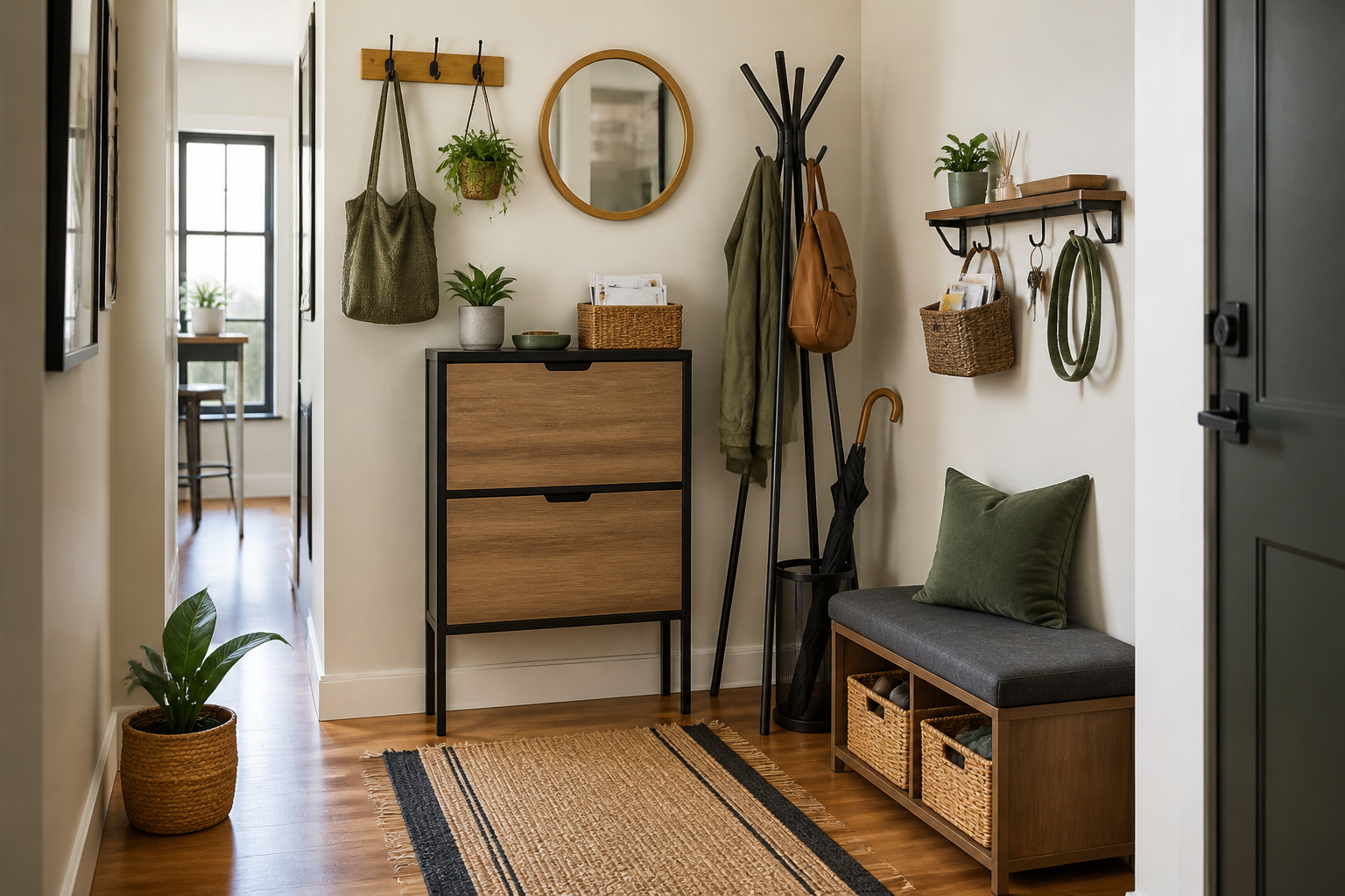 Entryway organization ideas without a closet using a slim shoe cabinet, freestanding coat rack, baskets, and a key tray