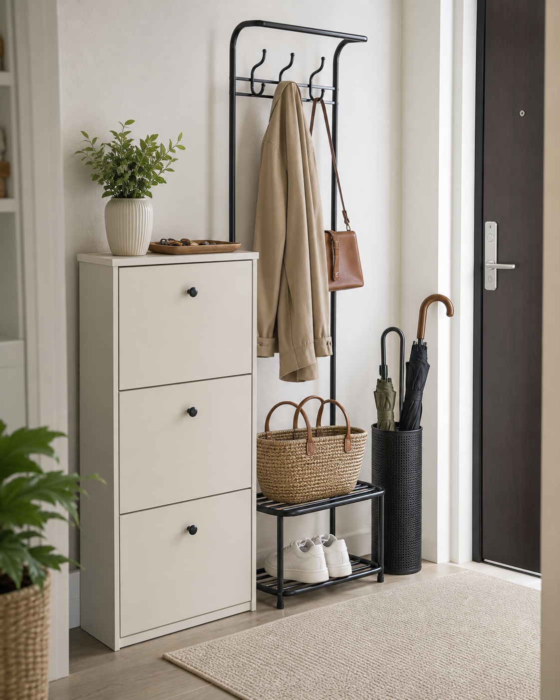 Entryway organization ideas without a closet using a freestanding coat rack, shoe cabinet, basket, and umbrella stand