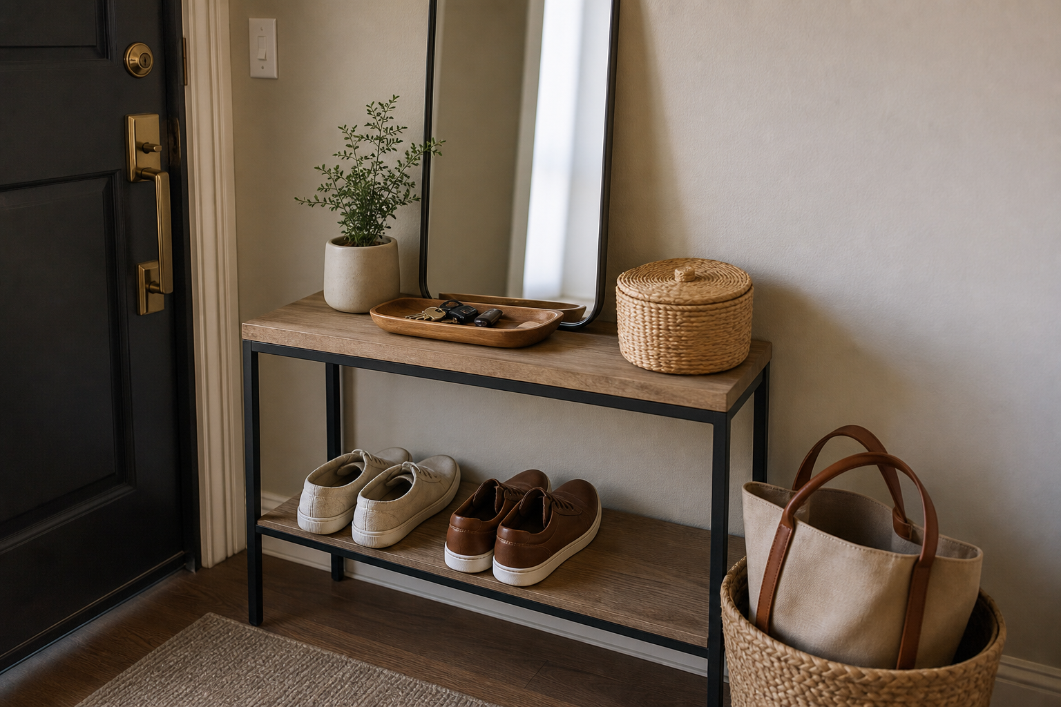Entryway organization ideas without a closet with a small landing zone for keys, mail, shoes, and bags