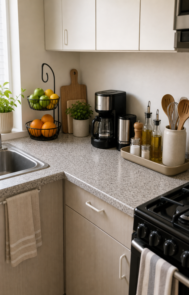 Kitchen counter organization for small kitchens with a daily tray, compact coffee zone, vertical fruit basket, and clear prep space