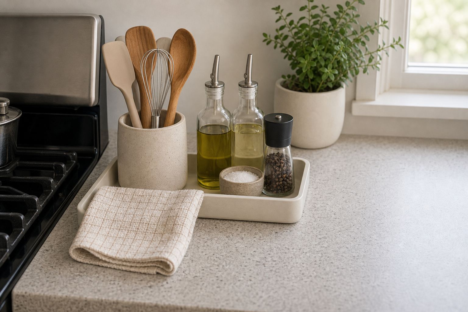 Kitchen counter organization for small kitchens using a daily cooking tray beside an open prep zone
