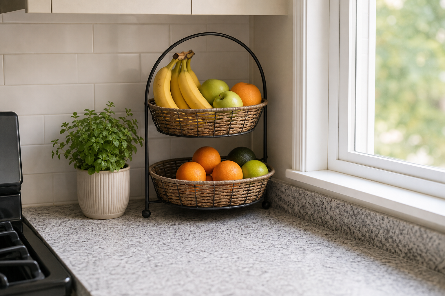 Kitchen counter organization for small kitchens with a tiered produce basket in a counter corner