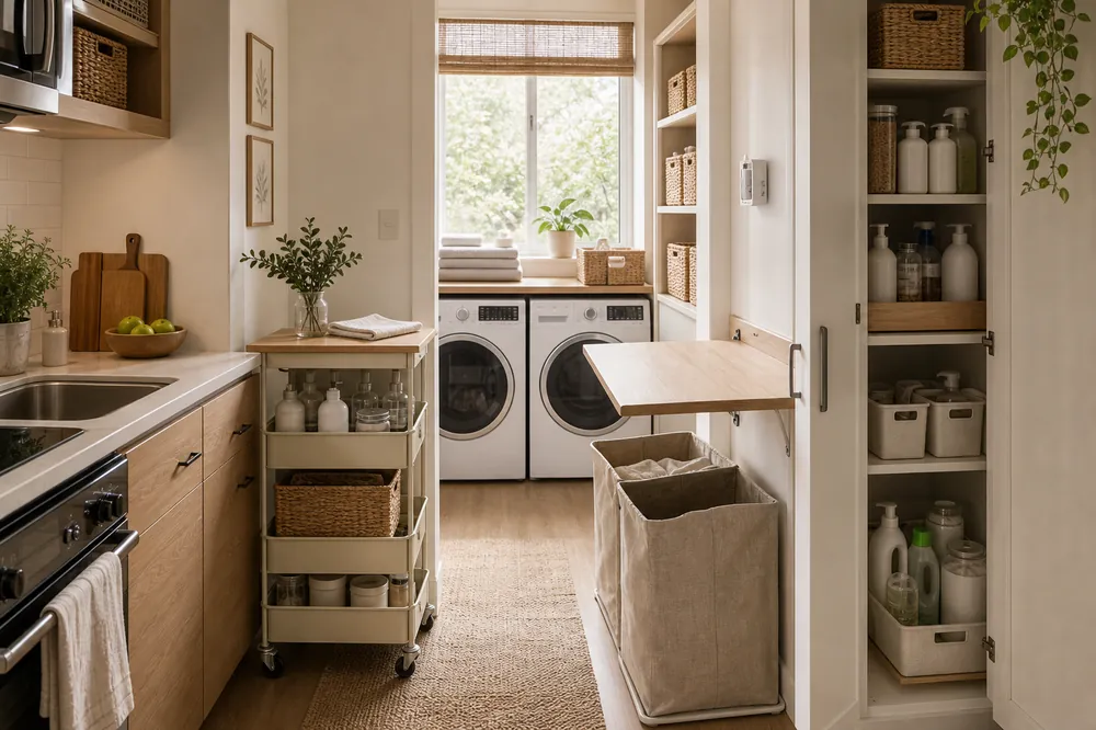 kitchen with laundry room organization ideas rolling cart zone divider