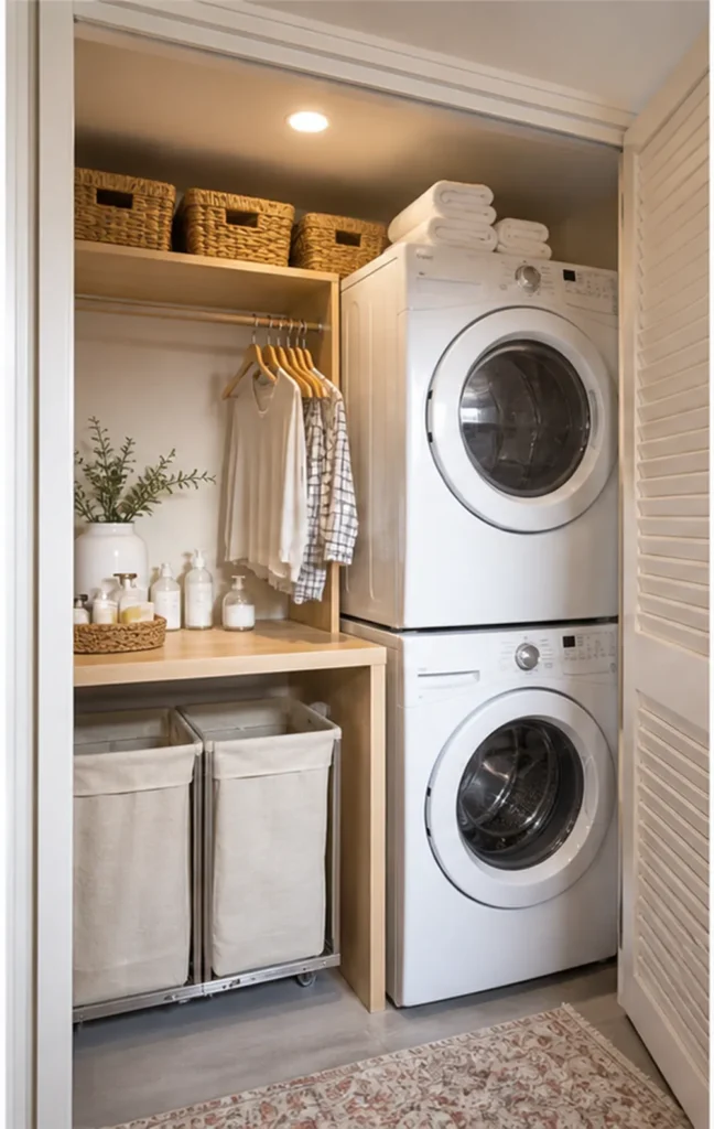 laundry closet organization ideas detergent basket zone