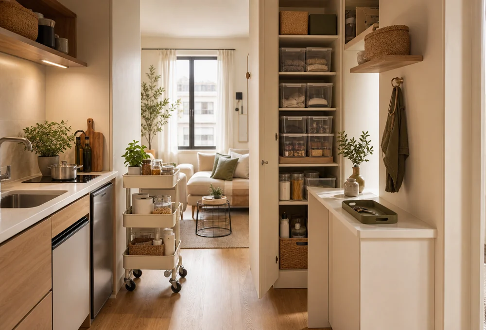 micro space storage ideas compact kitchenette cart