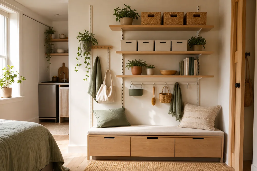 micro space storage ideas wall peg rail bench