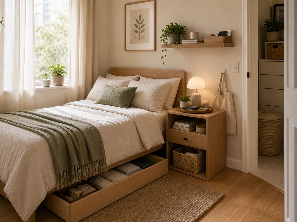 mini bedroom organization ideas bedside wall shelf