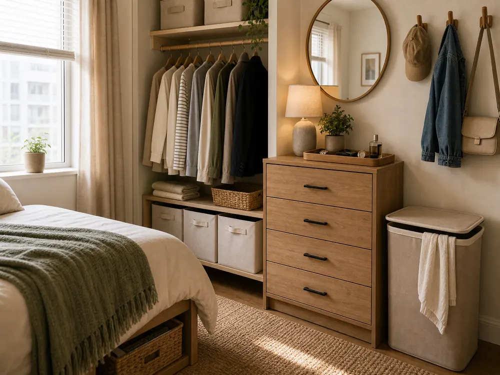 mini bedroom organization ideas clothing laundry corner