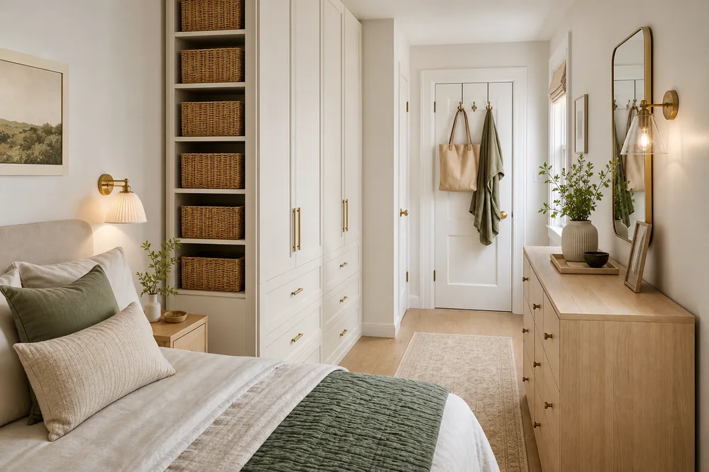 narrow bedroom storage ideas shallow wardrobe clear path