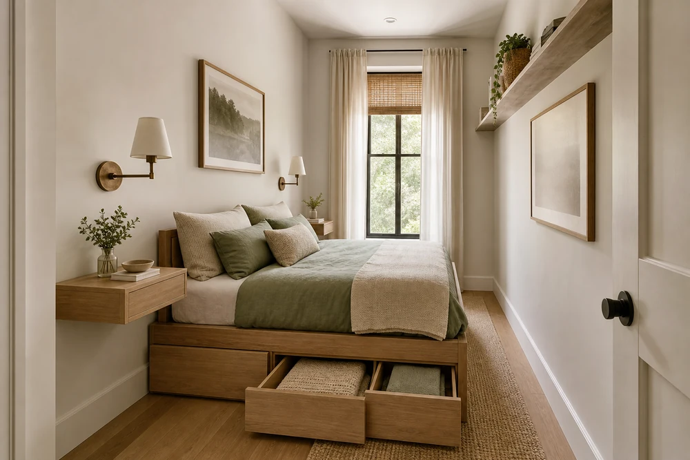 narrow bedroom storage ideas storage bed walkway