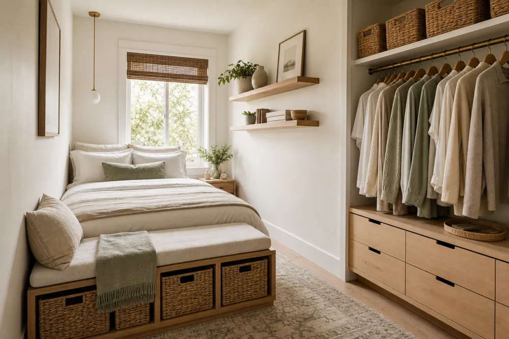narrow bedroom storage ideas storage bench open closet
