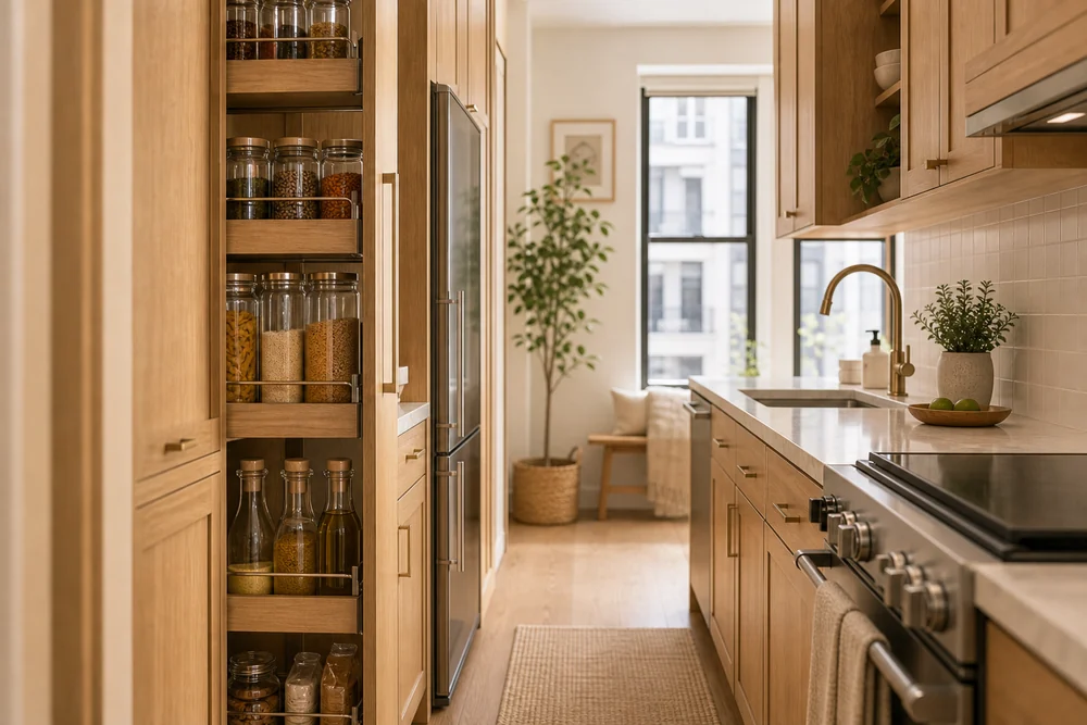 narrow kitchen storage ideas galley pull out pantry