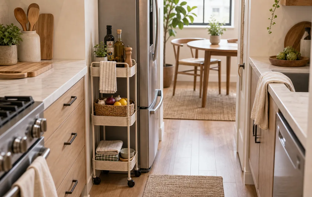narrow kitchen storage ideas slim rolling cart walkway