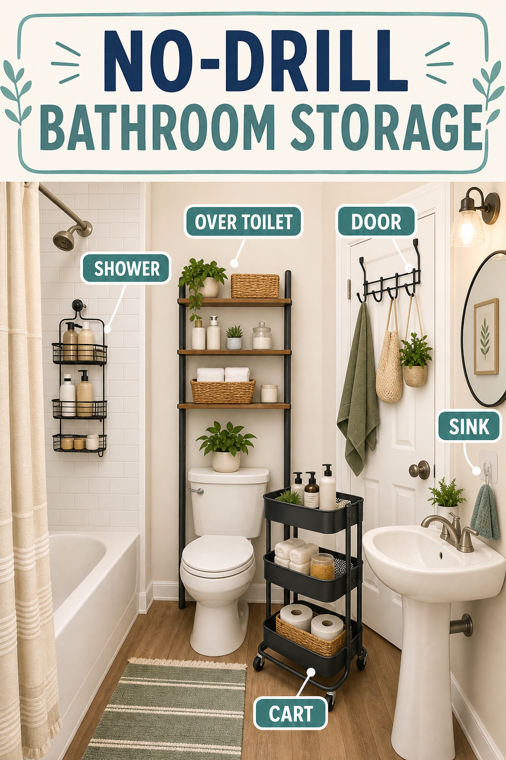 Renter friendly bathroom storage no drilling Pinterest graphic with shower, door, over-toilet, sink, and cart zones