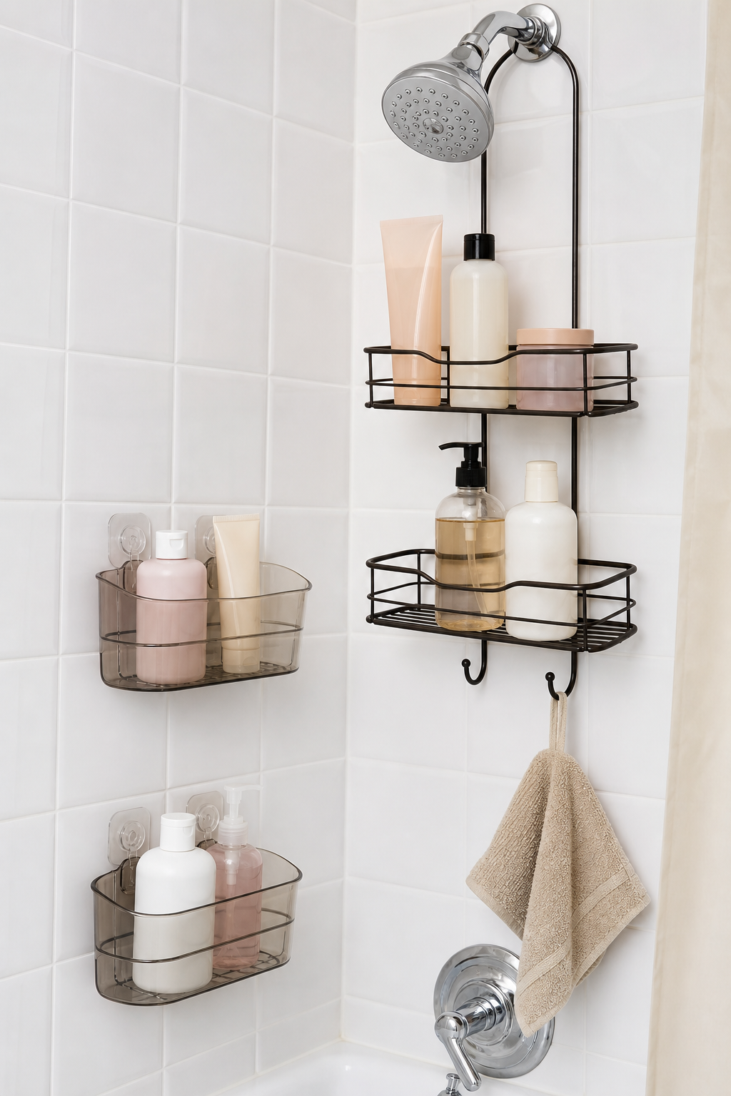 No-drill shower caddy and adhesive baskets used for renter-friendly bathroom storage on white tile