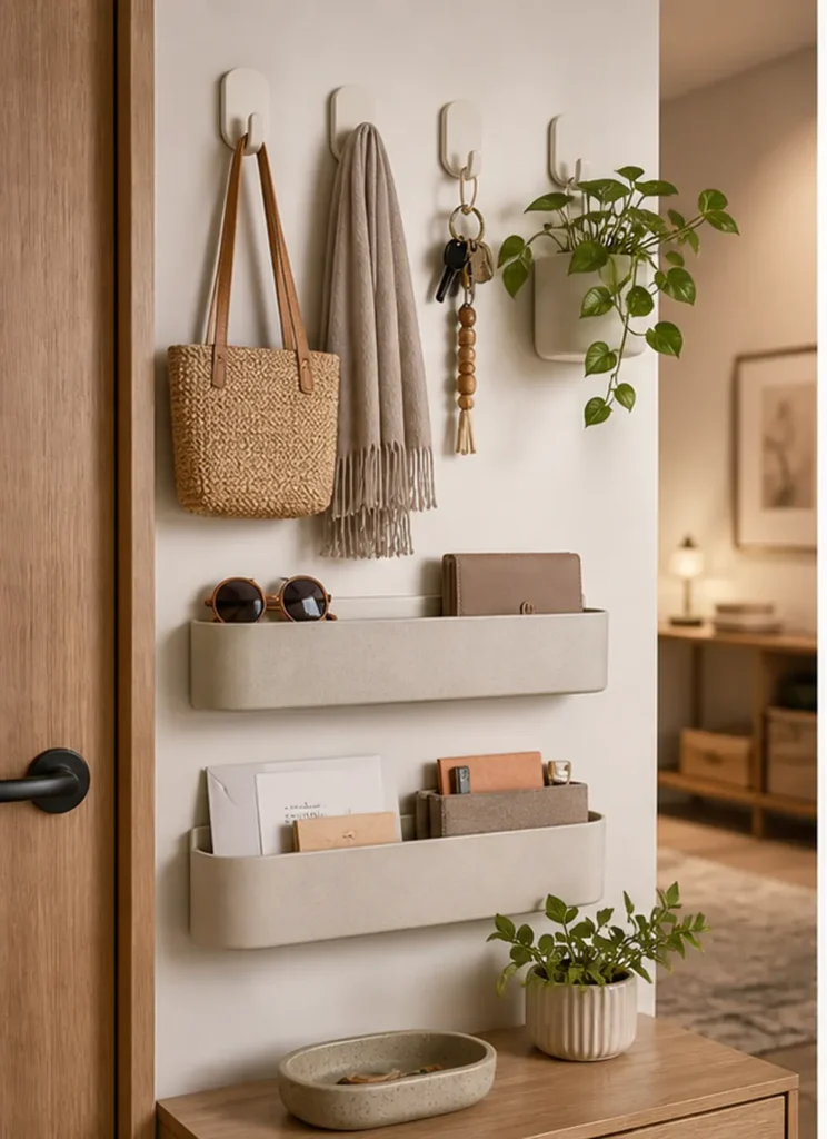 no drill wall storage ideas for renters adhesive entry hooks