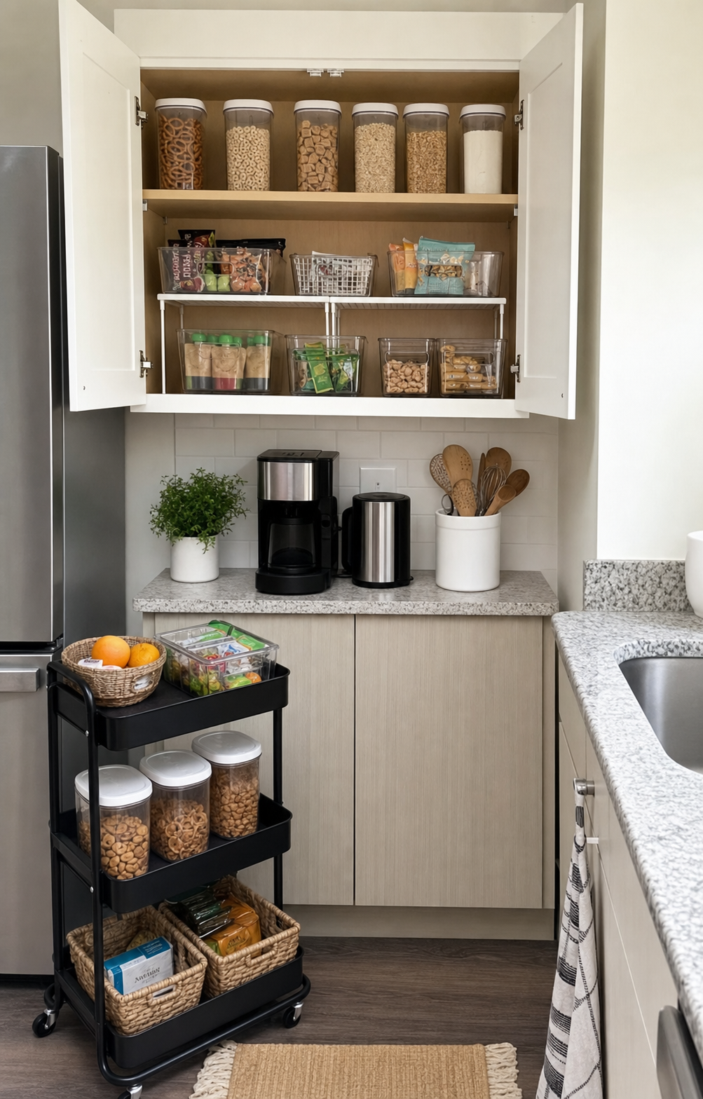 No pantry storage ideas for small kitchens using one main food cabinet, shelf risers, bins, and grouped dry goods