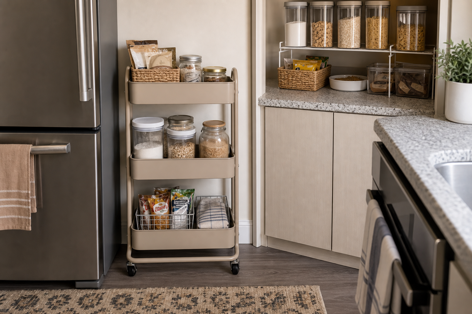No pantry storage ideas for small kitchens with a slim rolling cart for overflow food and baking supplies