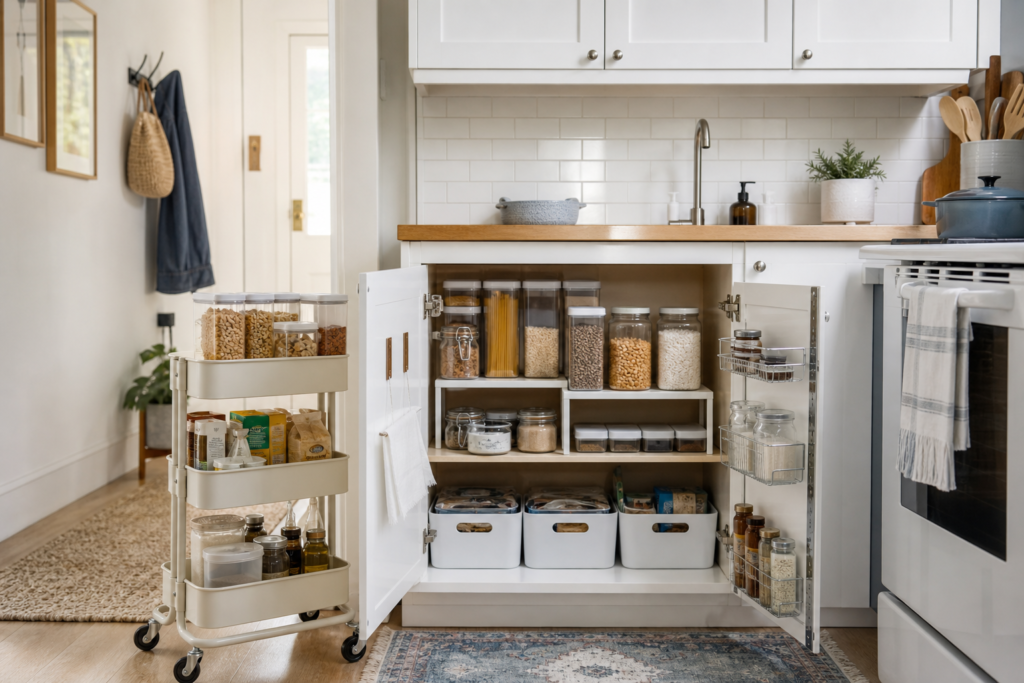 No pantry storage ideas for small kitchens using an open cabinet, shelf risers, clear bins, and a rolling cart