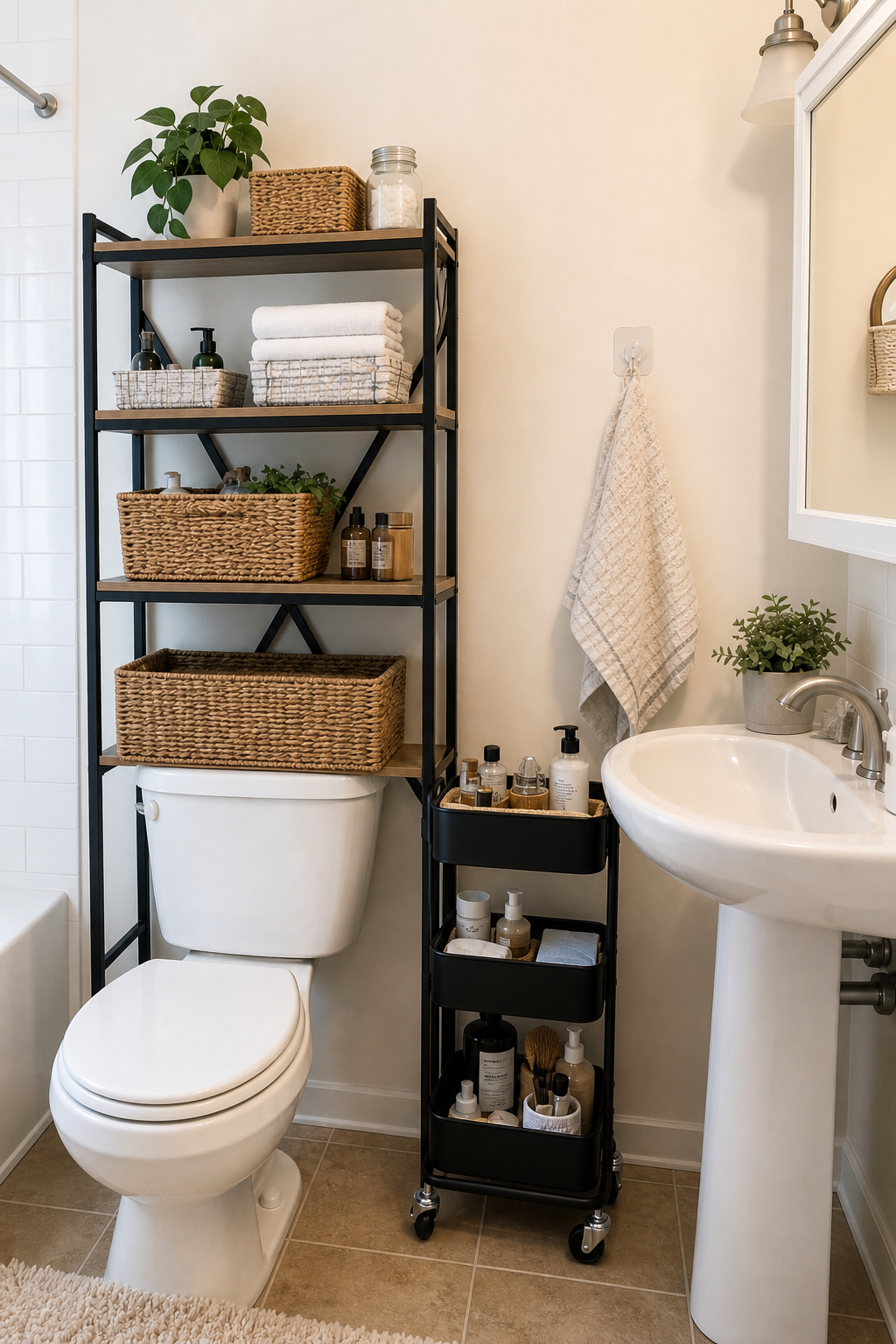 Renter friendly bathroom storage no drilling setup with freestanding over-toilet shelf, rolling cart, and adhesive towel hook