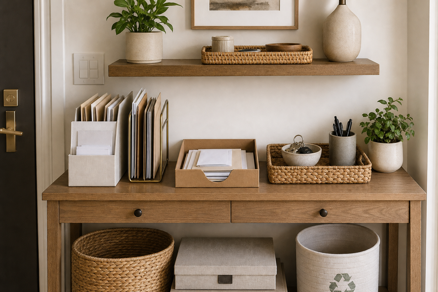 Paper clutter organization for small apartments with AI generated entry console and paper inbox