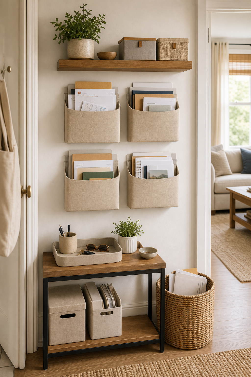Paper clutter organization for small apartments with AI generated wall pockets and mail station