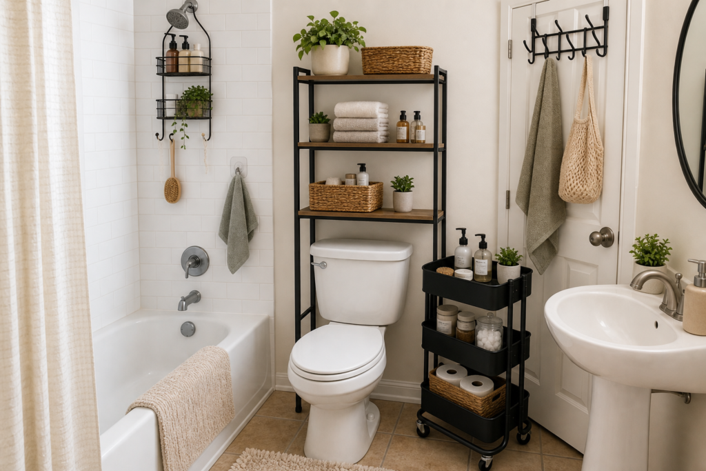 Renter friendly bathroom storage no drilling setup with freestanding over-toilet shelf, rolling cart, over-door hooks, shower caddy, and adhesive towel hook