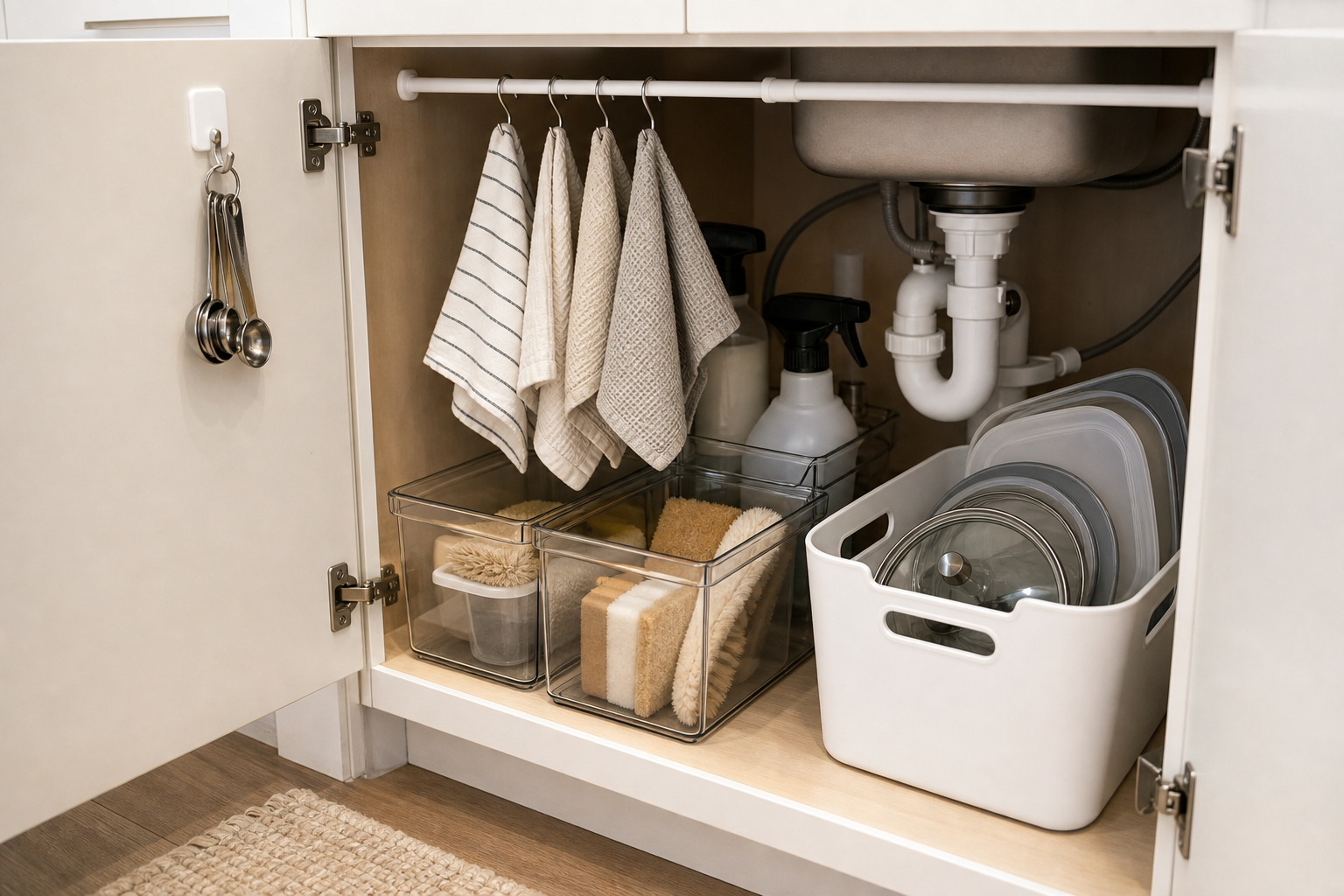 Renter friendly kitchen storage no drilling inside a cabinet with bins, a tension rod, and lightweight removable storage