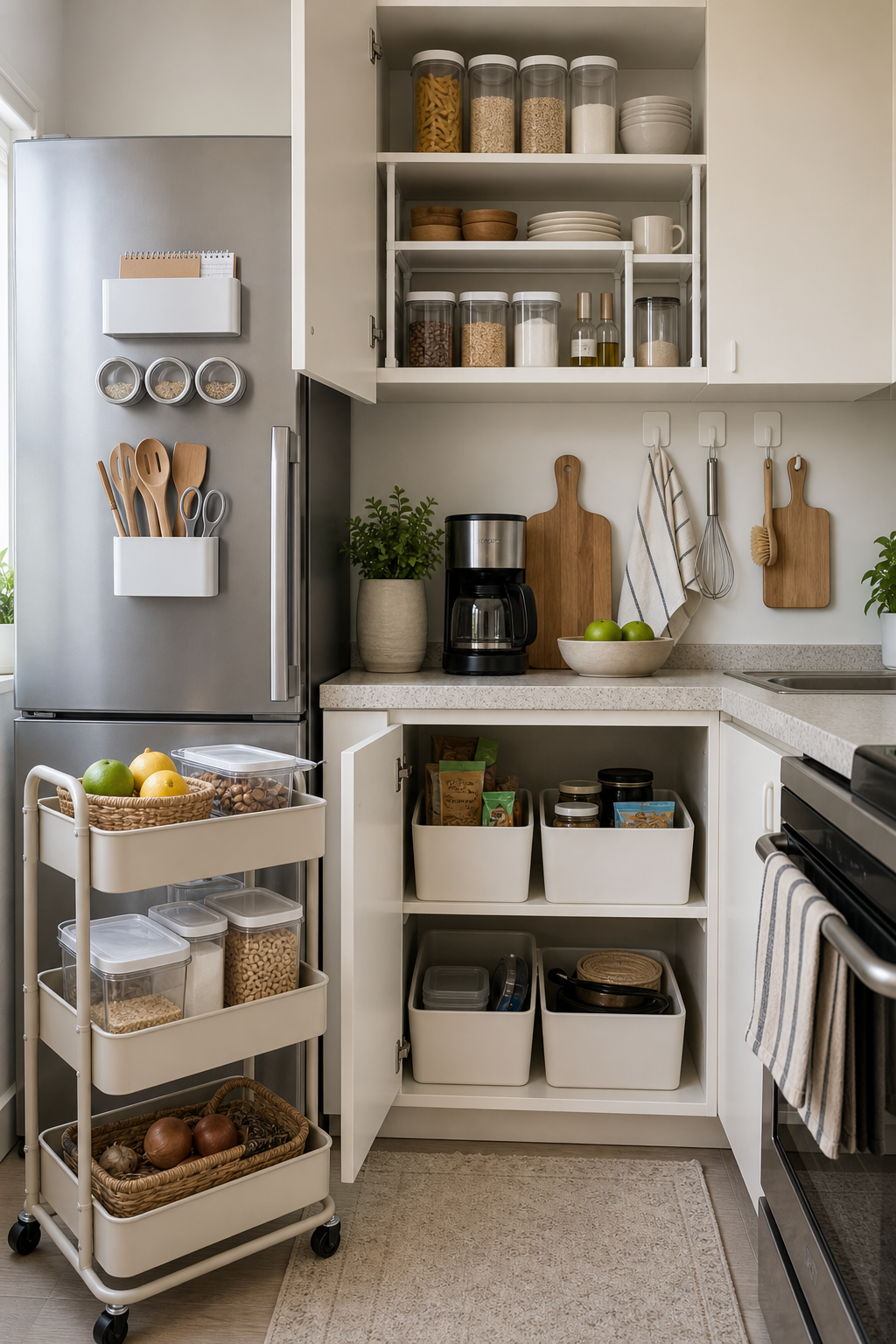 Renter friendly kitchen storage no drilling with a rolling cart, cabinet shelf risers, magnetic rack, and light removable hooks