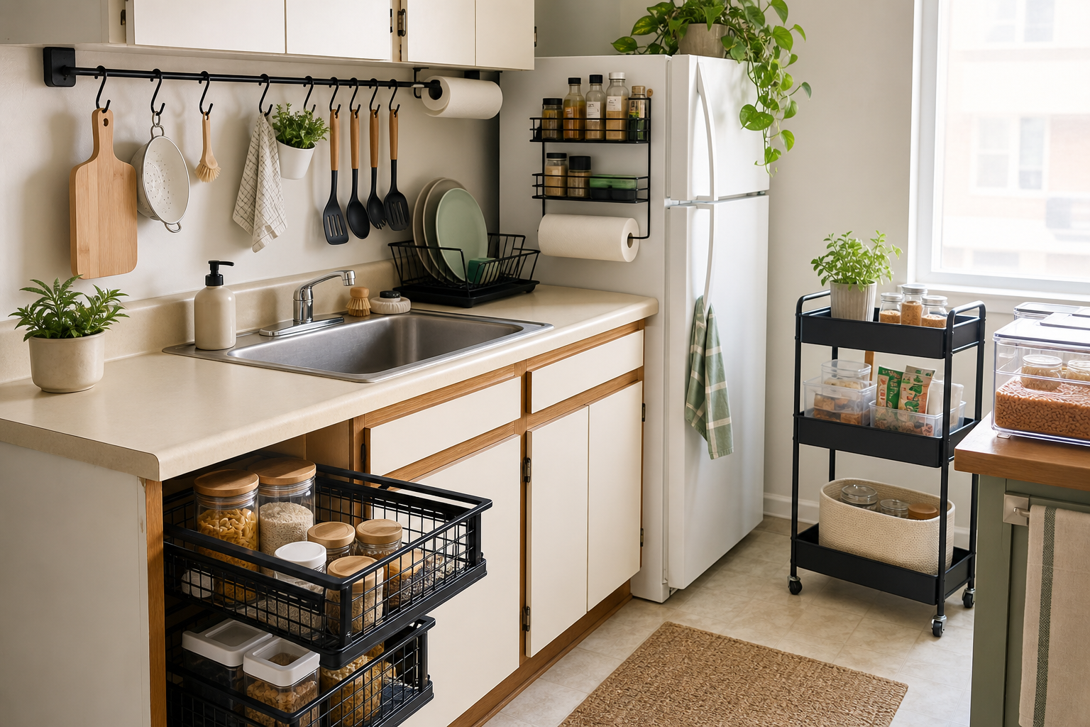 Renter friendly kitchen storage no drilling with a rolling cart, removable hooks, magnetic rack, tension rod, and cabinet bins
