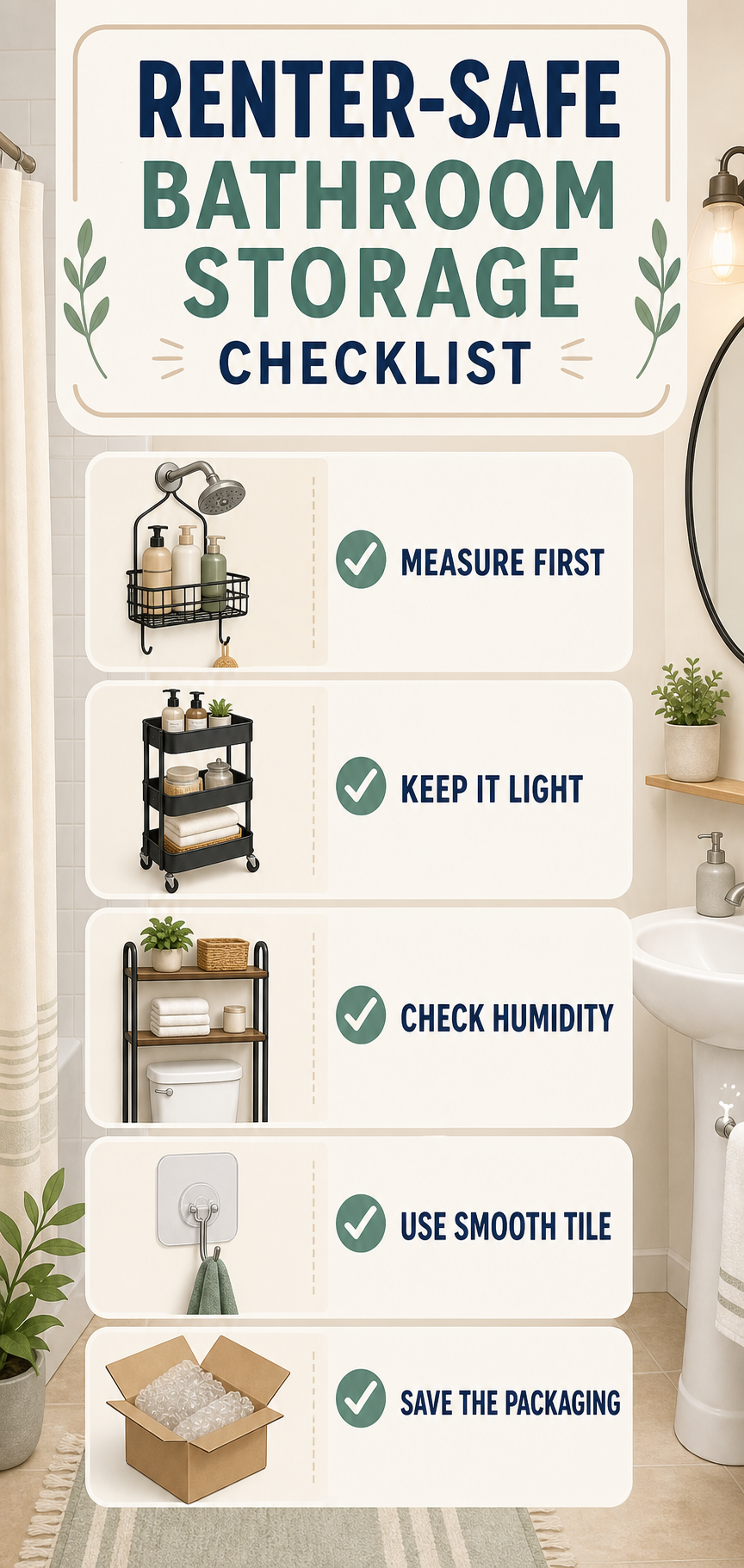 Renter friendly bathroom storage no drilling checklist with reminders to measure first, keep items light, check humidity, use smooth tile, and save the packaging