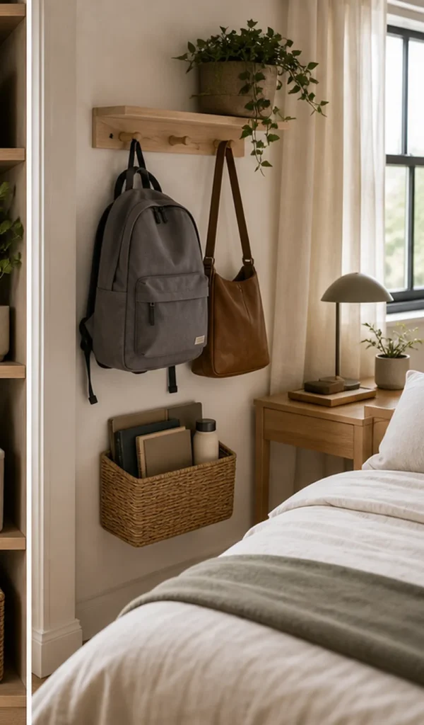 small apartment backpack storage ideas bedroom backpack hook rail