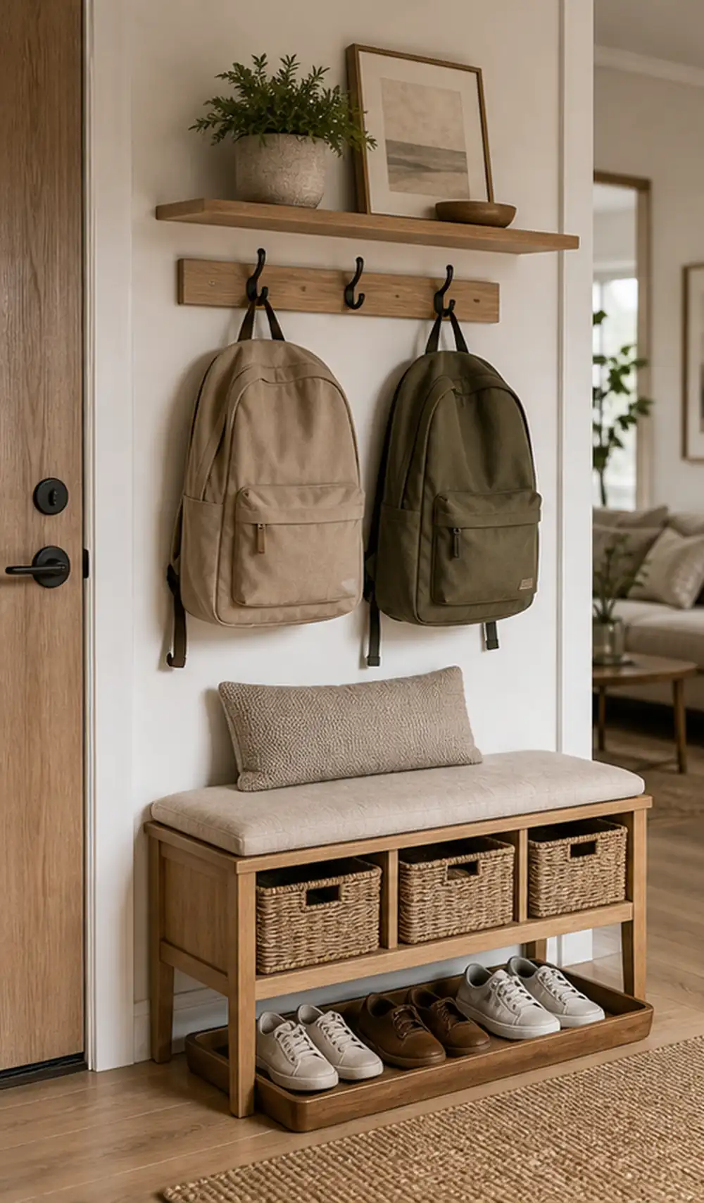 small apartment backpack storage ideas entry backpack bench