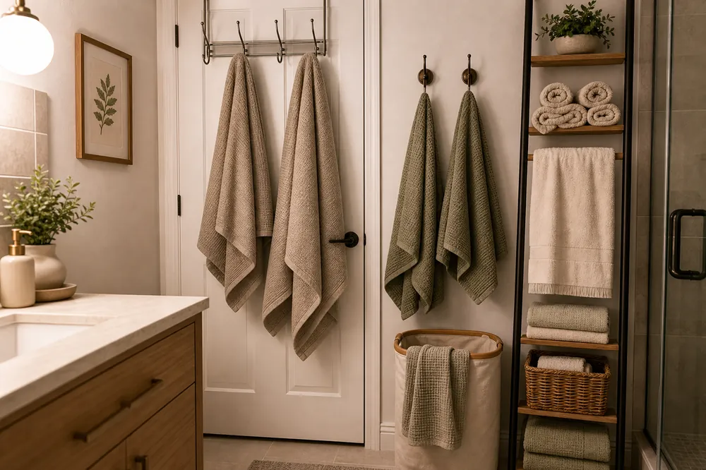 small apartment bathroom towel storage ideas door hooks ladder towel zone
