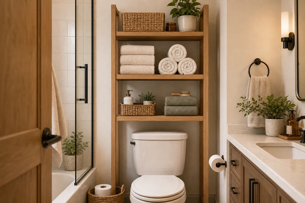 small apartment bathroom towel storage ideas over toilet towel shelf