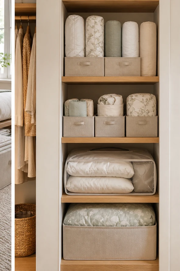 small apartment bedding storage ideas narrow linen bedding shelf
